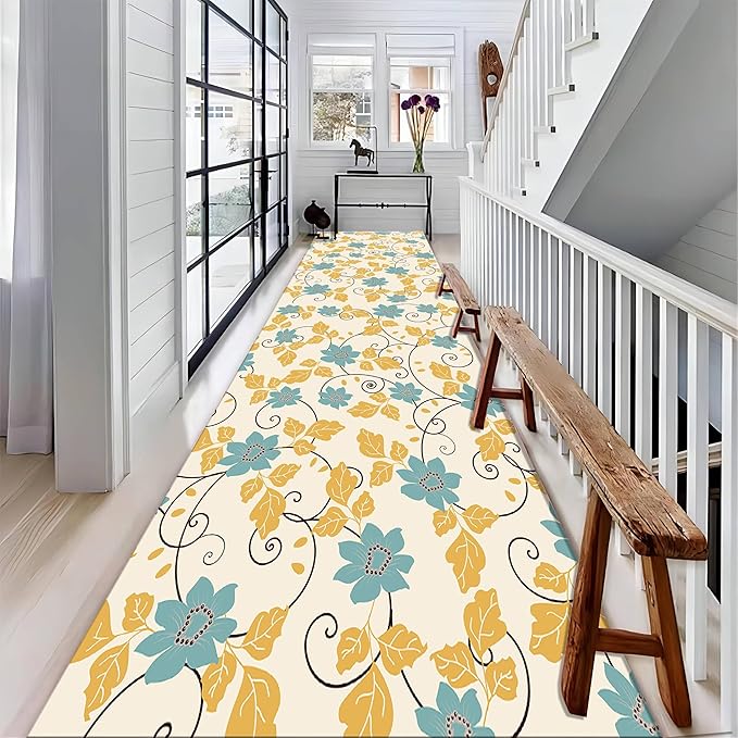 Flowers Hallway Runner Rug, 2x8ft, Tropical Leaf Throw Rug Runner for Entrance, Yellow Leaves and Blue Flowers Washable Non-Slip Rugs, Breathable Home Decor Floor Carpet for Runner Living Room