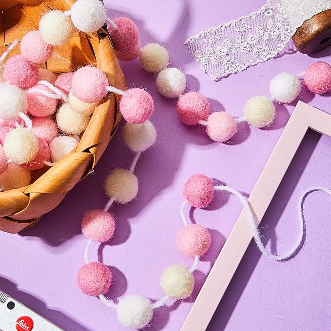 WILLBOND 3 Pieces Wool Felt Rainbow Ball Garland Colorful Pom Pom 6.5 ft Long 24 Ball Garland for Easter Mardi Gras Classroom Halloween Thanksgiving Xmas (Pink,Light Pink,Beige,White)