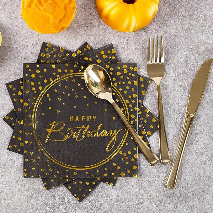 175PCS Happy Birthday Disposable Dinnerware Set Party Supplies, Paper Black Gold Plates and Napkins with Gold Plastic Forks Knives Spoons Serve 25 Guests for Birthday Party Decoration
