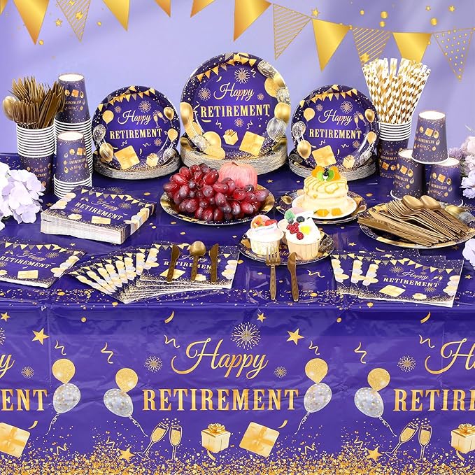 Funnymoom 452 Pcs Retirement Party Decorations Supplies Women Set Include Purple and Gold Retirement Paper Plates Napkins Cups Tablecloth Cutlery Straws for Men Women Say Goodbye Party