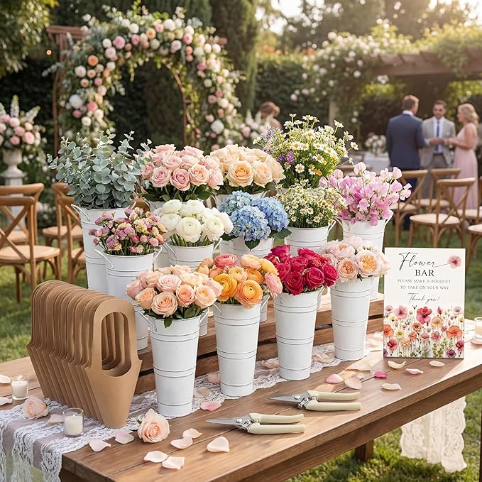 LEIFIDE Flower Bar Buckets Set Kit Bloom Bar Supplies Include Wood Sign Gift Bags Iron Bucket Garden Flower Shears for Wedding Bridal Shower Graduation Birthday Table Centerpieces(45 Pcs,White)