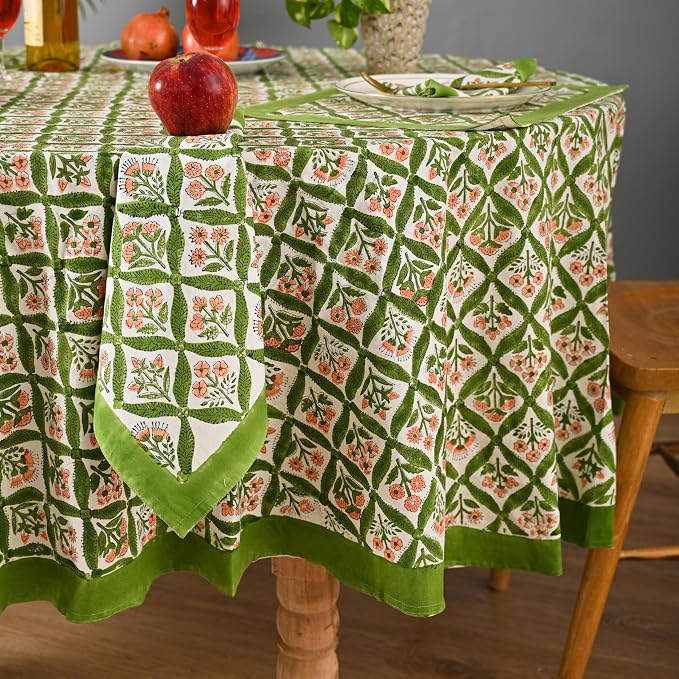 Hand Block Printed Tablecloth – Colorful Floral Print | 100% Cotton | Indian Artisan Handmade Art | Dining Room, Kitchen, Outdoor Décor, (Fresh Green Leaves, 108 Inches Round)