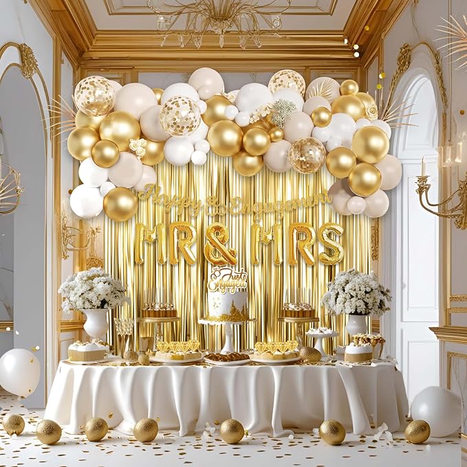 Engagement Party Decorations Set, Gold and White Balloon, MR & MRS Balloons with Foil Backdrop, Cake Toppers and Banners,Sash