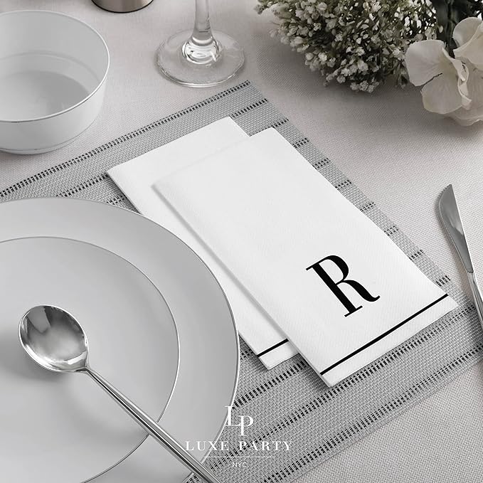 Luxe Party 112 Pack Monogram Napkins | Letter R Initial | Disposable | Premium Airlaid | Linen Feel | Decorative Table Setting | Guest Towel Napkin | White and Black