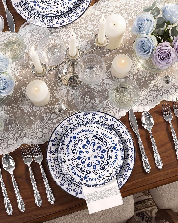 Hioasis 60pcs Blue Plastic Plates Set - Floral Blue & White Porcelain Design, 10.25" Dinner & 7.5" Dessert Plates Disposable for Wedding & 4th ofJuly (Dishwasher Safe, Traditional Style)