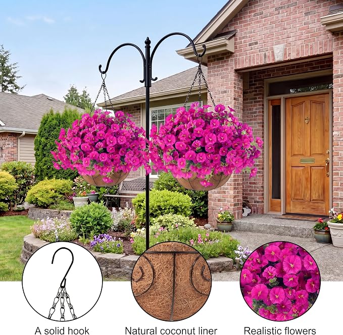 Sggvecsy Artificial Flowers for Outdoors with Baskets Hanging Plant Faux Flowers UV Resistant Fake Silk Morning Glory with Eucalyptus for Planter Porch Garden Home Spring Summer Decoration(Fuchsia)
