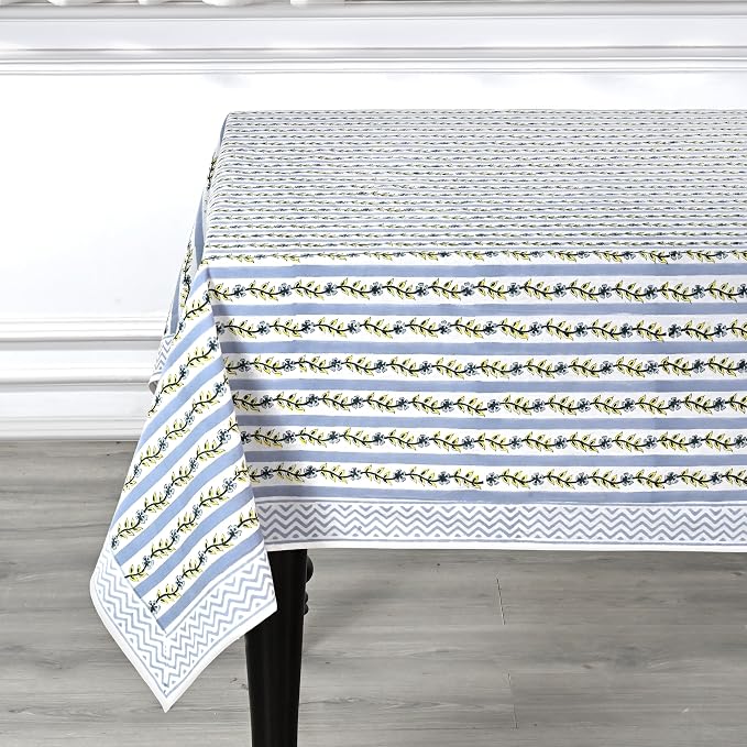 Ridhi Blue Meadow Vine Block Print Cotton Rectangle Tablecloth 102" x 48" Reusable Decorative Everyday Use for Dining Room, Farmhouse, Home Gift for Spring, Mother's Day
