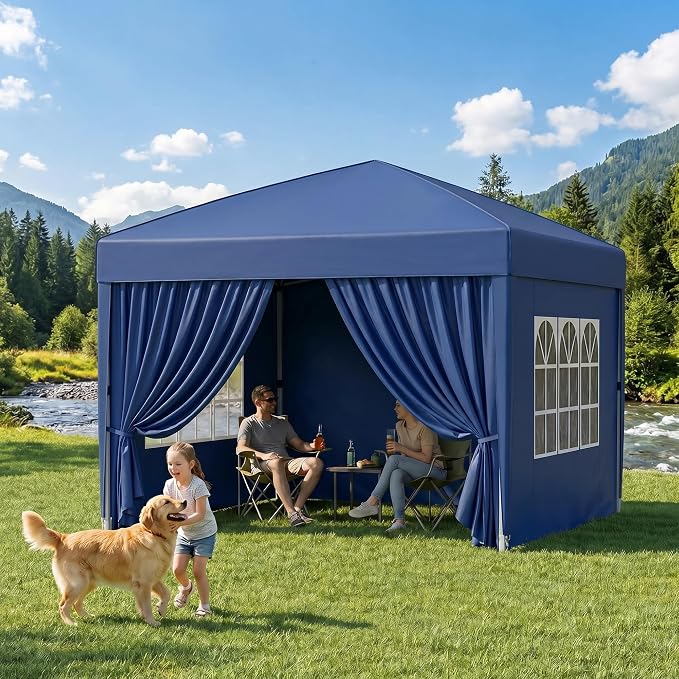 KIGOTY 10x10 FT Portable Pop Up Canopy Tent, Adjustable Height Instant Gazebo with Sidewalls, One-Push Setup Outdoor Canopy for Camping, Parties, Vendor Events (Blue, 3m × 3m)