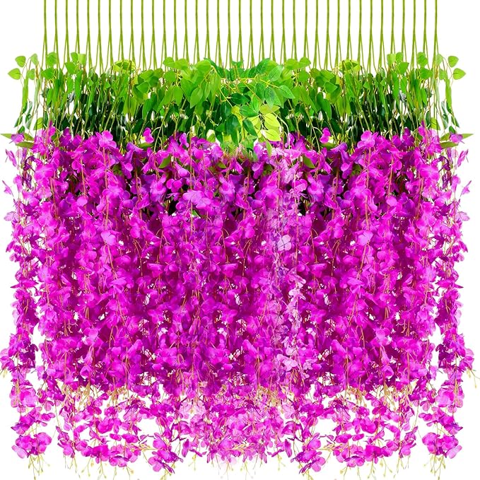 Yunsailing 108 Pack 43.2 in/ 3.6 ft Artificial Fake Wisteria Hanging Flowers Wisteria Faux Flowers Garland Silk Vine Rattan Long Hanging String for Home Outdoor Wedding Party(Rose Red)