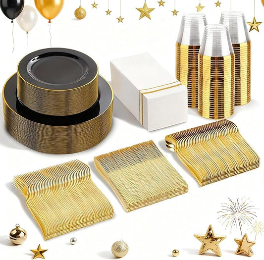 SUT 350-Piece Black and Gold Disposable Plates - Elegant Plastic Dinnerware for 50 Guests, Includes Cups & Napkins | Durable Leak-Proof Design for Weddings, Birthdays, Holidays