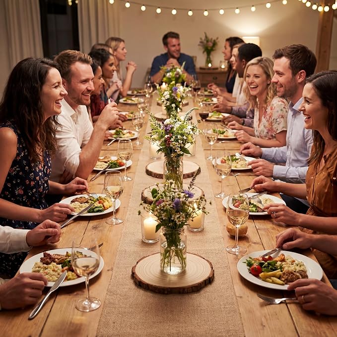 Tioncy Burlap Table Runner Kit Rustic Farmhouse Party, Natural Burlap Table Runner and Wood Centerpieces for Wedding,Christmas, Baby Shower,Birthday, Kitchen Coffee(50ft,6 Pcs)