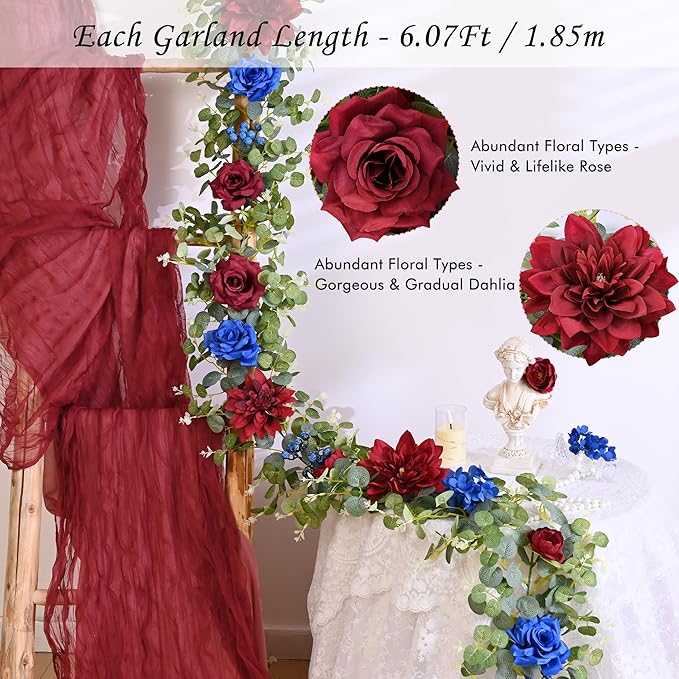 Waipfaru 2Pcs Flower Garland, 6Ft Eucalyptus Greenery Garland, Rose Floral Vines for Wedding Table Runner Centerpieces Backdrop Decor (Red Blue)