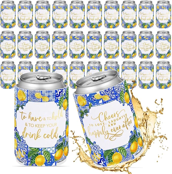 Qinyoung 50 Pieces Capri Lemon Wedding Can Cooler Bulk Amalfi Coast Decor Engagement Party Favors for Guests Cheers to Love Laughter and Happily Ever After Rehearsal Dinner Decorations for Wedding
