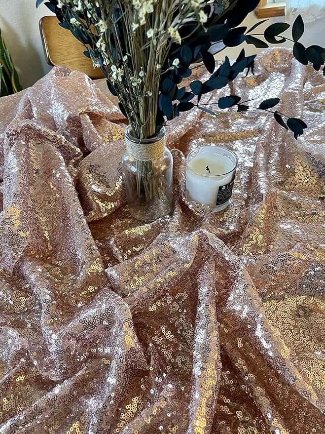 Sequin Tablecloth for Parties 132 Inch - Sparkle Glitter Cloth Round Table Cover Overlay for Wedding Baby Shower Ceremony Birthday Cake Table Holiday Banquet Decoration(Rose Gold)