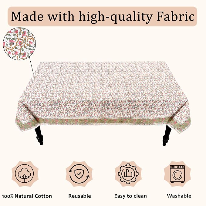 Ridhi Block Print Rose Pink Floral Vine Rectangle Cotton Tablecloth 90" x 60" Reusable Table Cover Decorative Everyday Use for Dining, Farmhouse, Home Gift for Spring, Easter, Summer