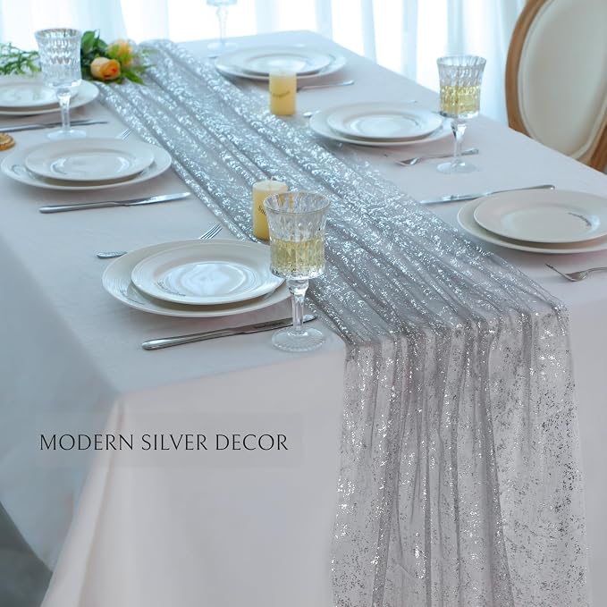 Snowkingdom Silver Gray Table Runner 10FT, Sheer Sparkly Shiny Glitter Sparkle Cheesecloth Tulle Elegant Centerpiece Modern Dining Decor for Wedding Party Bridal Shower Birthday Christmas New Year