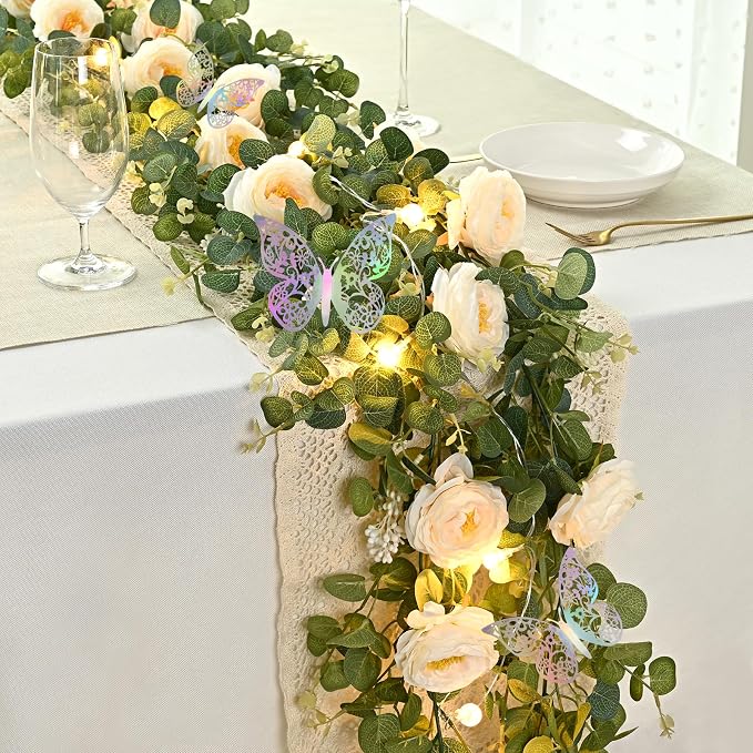 Yastouay 6 Ft Fuller Flower Garland with Light Butterfly, Artificial Eucalyptus Garland with Champagne Flowers Fake Rose Camellia Vine for Table Centerpiece Wedding Arch Room Decor