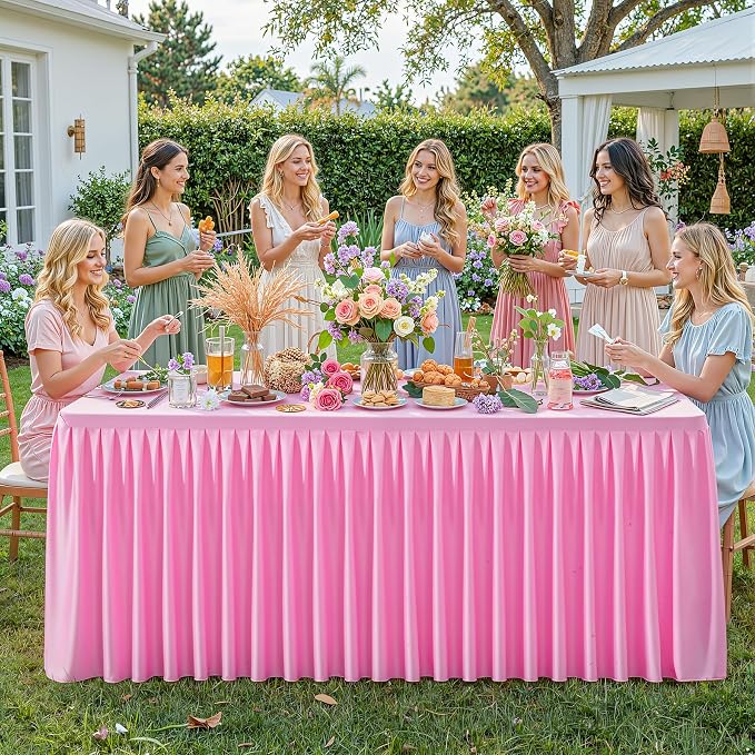 Pink Polyester Table Cloths for Rectangle 4 Foot Tables, 2 Pack Wrinkle Free Tablecloths Stretchy Banquet Ruffle Fitted Table Cover Desk Skirt for Parties Wedding Birthday Baby Shower