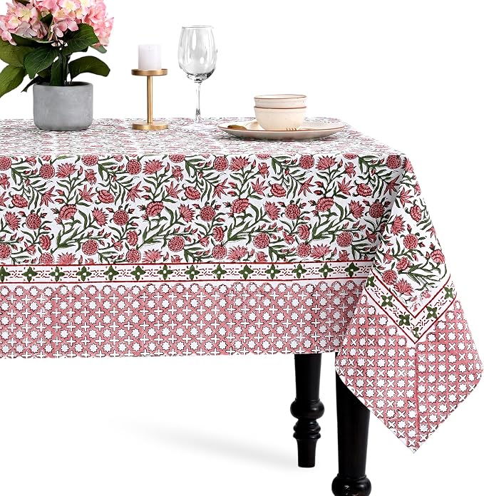 CPC Tablecloth 100% Cotton 70x118 Inch Indian Block Print Rectangle Table Cover, Table Cloth for Weddings, Spring/Summer, Barbeque - Red Garnet