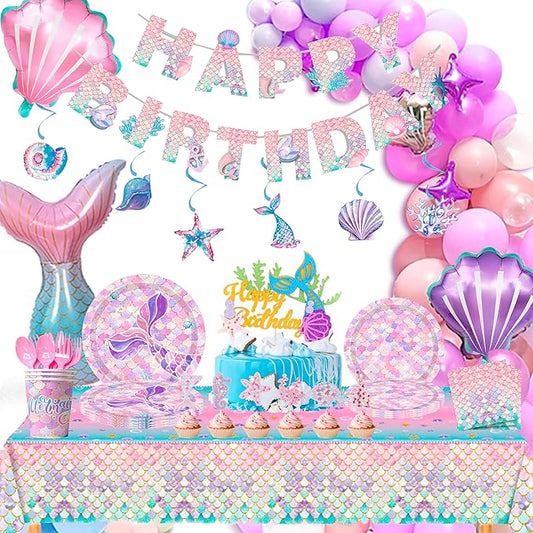 132Pcs Mermaid Party Decorations, Little Fish Birthday Party Tableware Plates Cups Napkins Tablecloth Banner Balloons Hanging Swirl etc Mermaid Birthday Party Decorations