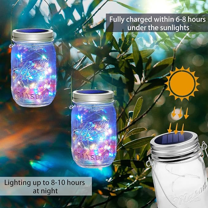 SmilingTown 30 LED 10 Packs Mason Jar Lights with Hangers Colorful Solar Mason Jar Lids Fairy String Light Outdoor for Patio Yard Garden Decor Christmas Wedding Party Lights (NO Jars)