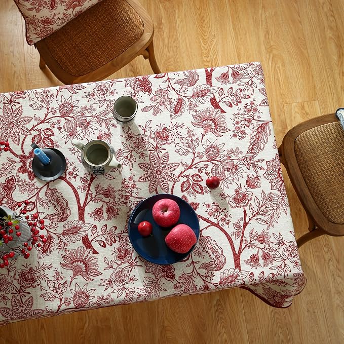 ISAENNE Designer French Linen Rectangular Tablecloth,79"x55"-Ruyi A | Vintage Elegant Table Cloth Rectangle Table,Red Floral Pattern,Durable,Heavyweight,Dining,Kitchen,Tea Party,Thanksgiving