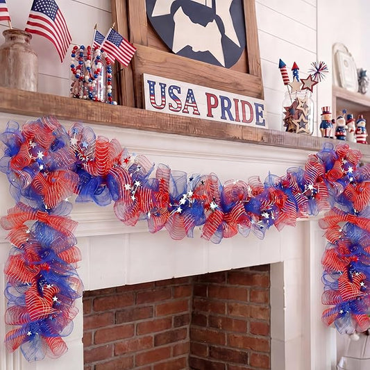 Suncalla 6 ft Red White and Blue Garland 4th of July 250th Anniversary Memorial Day Garland Patriotic Independence Day Decor Star Hanging Decoration for Mantel Stair Table Fireplace Indoor Outdoor