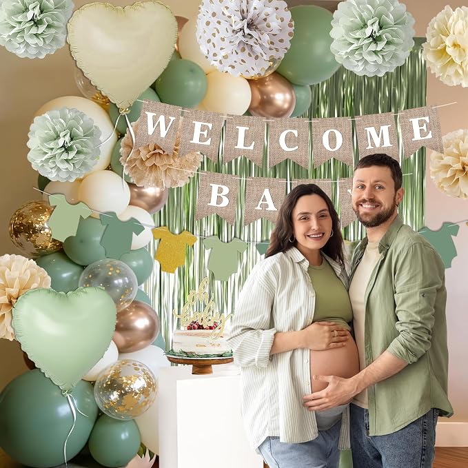 Sage Green Baby Shower Decorations, Green Balloonswith WELCOME BABY Banner, Fringe Curtains Foil Balloons, Cake Topper,Pom Poms Flowers, Neutral Gender Reveal Birthday Party Supplies