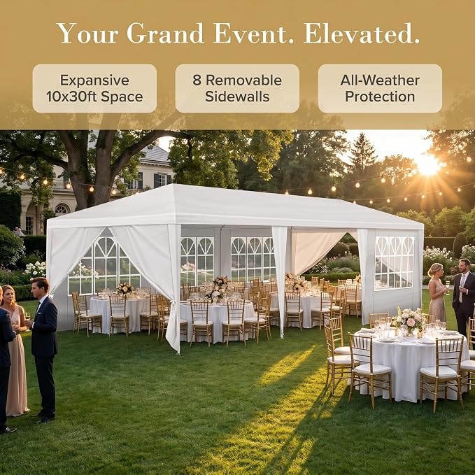 10x30 Canopy Tent for Parties, Heavy Duty Waterproof Outdoor Tent with 8 Detachable Sidewalls & Window Panels, Large Event, Wedding & Backyard Shelter, Commercial & Personal Use, White