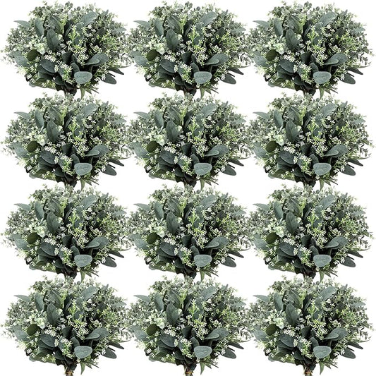 Janinka Mixed Eucalyptus Leaves Stems Bulk with White Seeds Artificial Silver Dollar Leaves Sprays Faux Oval for Wreath Garland Floral Bouquets Arrangement Wedding Greenery Decoration(60 Pcs)