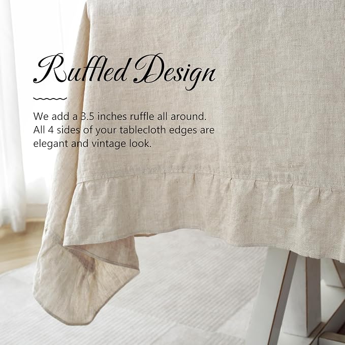 Linen World Ruffle Linen Tablecloth,100% French Linen Natural Tablecloth 108" x 60" Inch,Washable Rectangular Tablecloth for Dining,Outdoor,Weddings and Restaurants,Decorative Thanksgiving Christmas