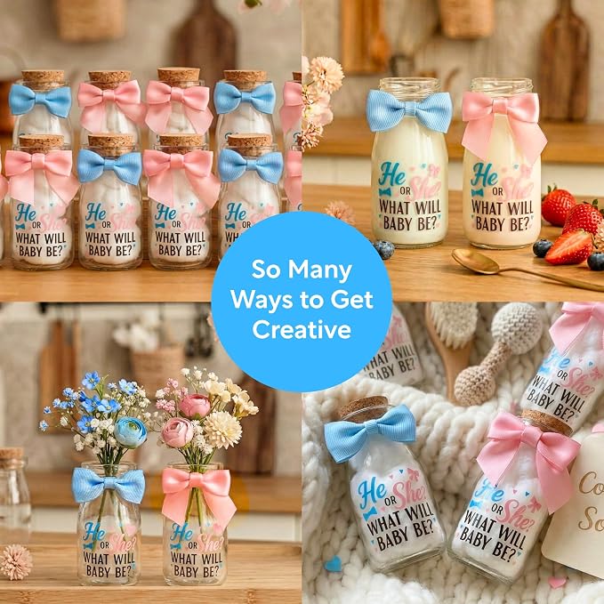 Ethisa 12 Pack Gender Reveal Glass Jars - He or She Gender Reveal Party Favors for Guests and Table Centerpieces - Classy Boy or Girl Milk Glass Bottles - Baby Shower Decorations and Candy Gifts
