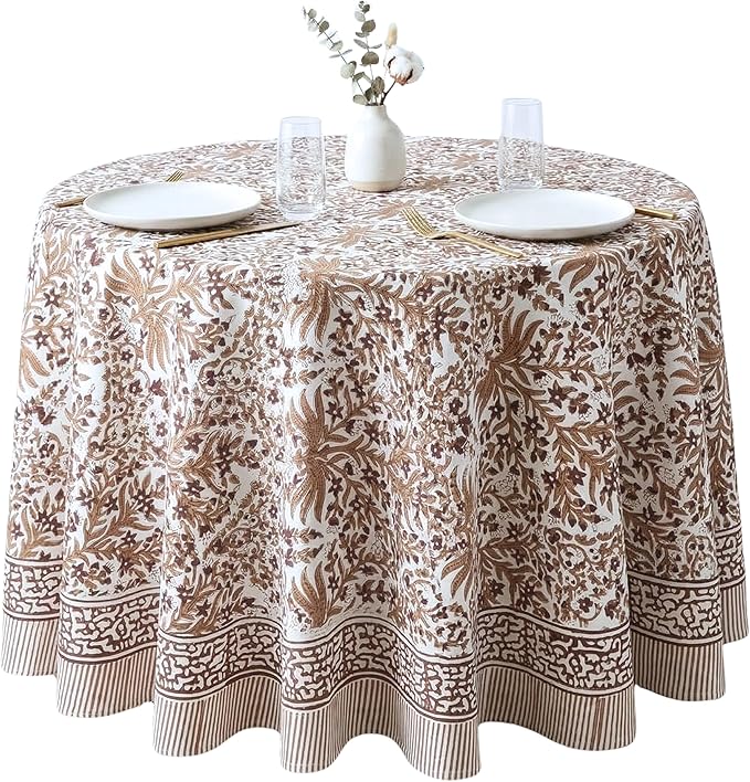 ATOSII Nargis Cider 100% Cotton Round Boho Fall Tablecloth, Handblock Floral Table Cloth Linen for Kitchen Dining I Parties Weddings Outdoors Picnics Easter Mothers Day I 60" Inches Round I 4 Seater