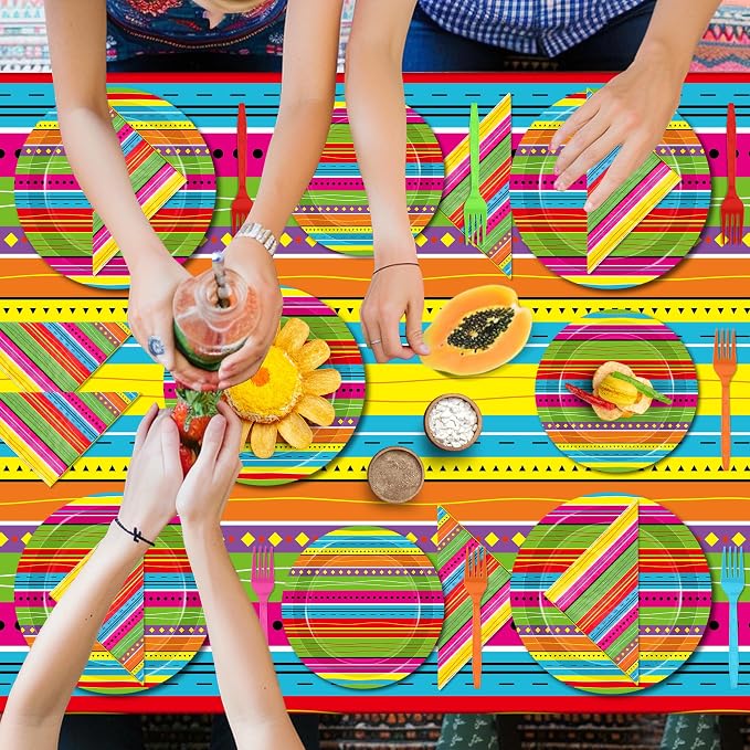 122 Pcs Cinco De Mayo Napkins and Plates, Disposable Dinnerware Fiesta Paper Plates and Napkins Sets for 30 Guests, Colorful Plastic Fork Mexican Stripes Tablecloth for Taco Birthday Party Favors