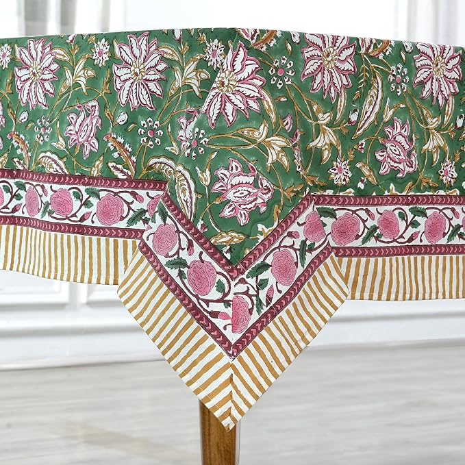 Ridhi Hunter Green Hand Block Print Cotton Rectangle Tablecloth 118" x 70" inches Reusable Table Cover Decorative Everyday Use for Dining Room, Farmhouse, Home Gift for Spring, Mother's Day