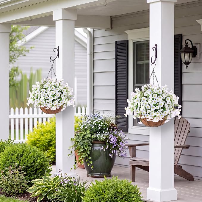 Sggvecsy Artificial Flowers for Outdoors with Baskets Hanging Plant Faux Flowers UV Resistant Fake Silk Morning Glory with Eucalyptus for Planter Porch Garden Home Spring Summer Decoration(White)