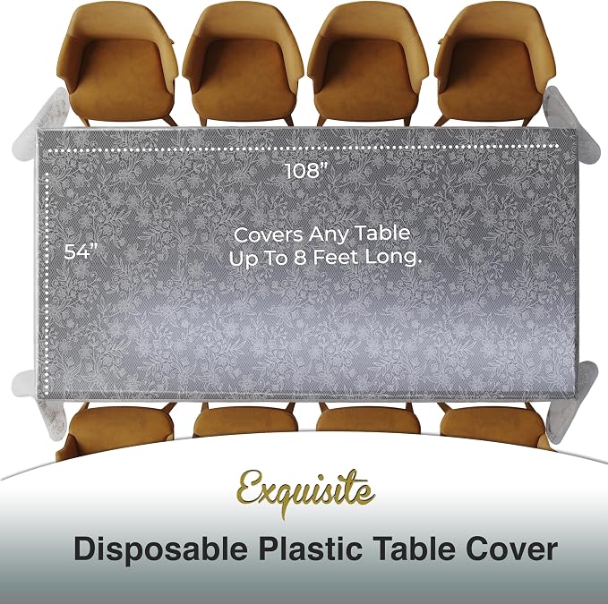 Exquisite Lace Table Cloth Rectangle Table Plastic 12-Pack Lace Tablecloth Rectangular 54" X 108" | Clear & Silver Floral Tablecloth Disposable | Wild Flower Party Decorations & Party Supplies