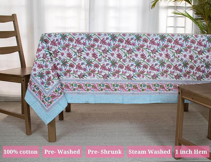 Block Print Table Cloth- 54x108 Inch Rectangle 100% Cotton Handmade Pre-Shrink, Washable for Spring, Kitchen & Dining Perfect for Patio, Indoor & Outdoor, Farmhouse