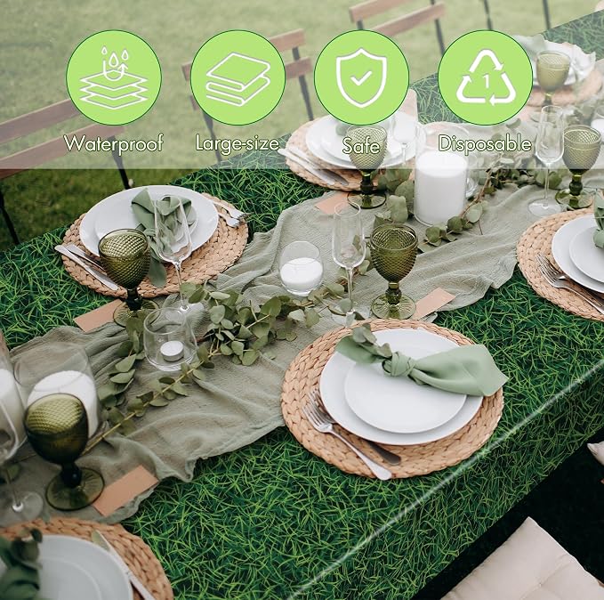 Kochorie 54 Inch x 100 Ft Grass Plastic Table Cloth Roll Disposable Waterproof Football Field Table Cover Plastic Table Cover Roll with Easy Slide Cutter for Jungle Party/Sport/Outdoor Picnic