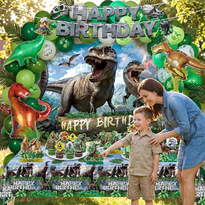 Dinosaur Birthday Decorations Dino Wrold Party Decorations Set Included Dino Balloons, Tablecloth, Backdrop, Cake Cupcake Toppers, Banner, Honeycomb Dinosaur Party Supplies for Kids Birthday Decor