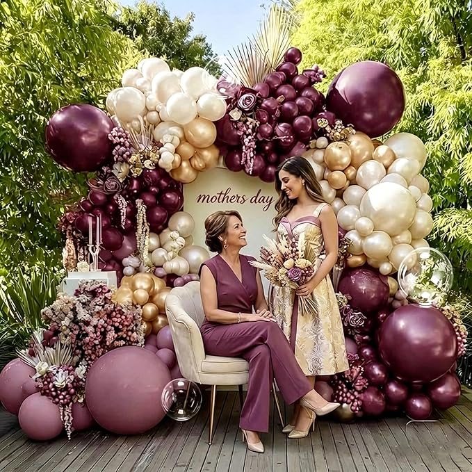 Dusty Purple Gold Balloon Arch Kit Double Stuffed Plum, Dark Lavender, Pearl White Sand Balloon Garland with Clear Bobo for Birthday Bridal Baby Shower Mothers Anniversary Graduation Party Decoration