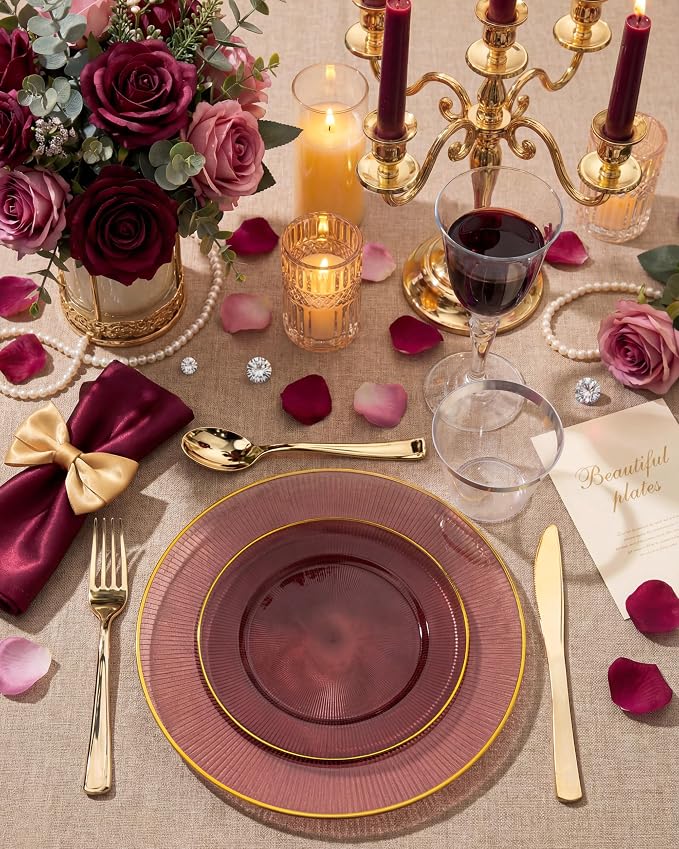 Hioasis 60pcs Burgundy and Gold Plastic Plates - Burgundy Disposable Dinnerware Set, 30pcs Dinner 10in & 30pcs Dessert 7in Plates with Striped Designs for Party & Wedding