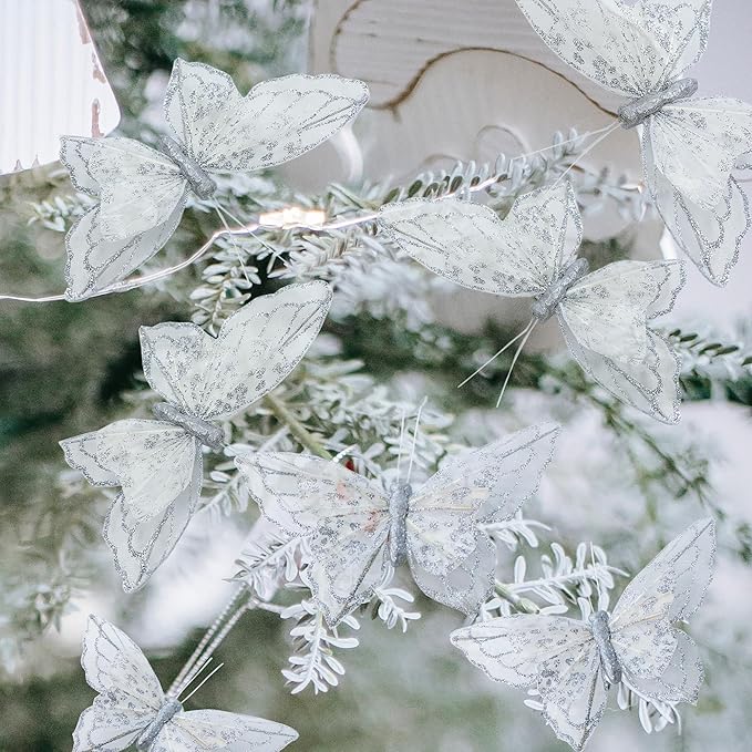 YCHTEWY- Artificial Butterfly for Decoration Silvery Ornament Tree Set of 12 with Wire Valentine's Day Gift Christmas and Wedding Decoration