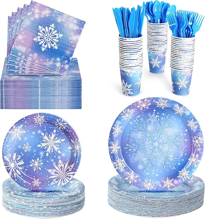 400 Pcs Disposable Winter Frozen Tableware Set for 50 Guests | Heavy-Duty 7" & 9" Paper Plates, Cups, 13" Napkins & Plastic Cutlery Snowflake Party Supplies for Large Winter Gatherings