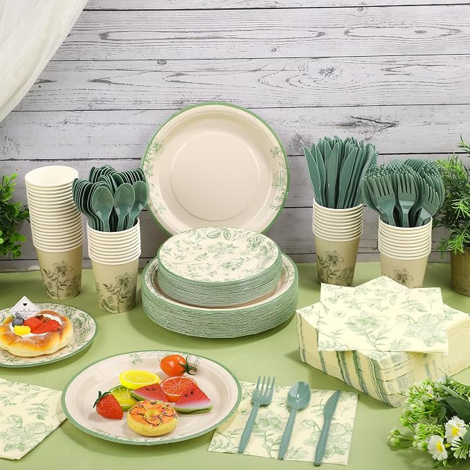 Kochorie 400 Pieces Sage Green Disposable Tableware Sets, Green and White Flower Party Supplies Set with Plates Cups Napkins Cutlery Serves 50 for Wedding Birthday Bridal Shower Party Decorations