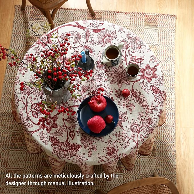 ISAENNE Designer French Linen Round Tablecloth,Diameter 55"-Ruyi A | Vintage Elegant Table Cloth for Round Table,Red Floral Pattern,Decoration,Heavyweight,Dining Room,Kitchen,Thanksgiving