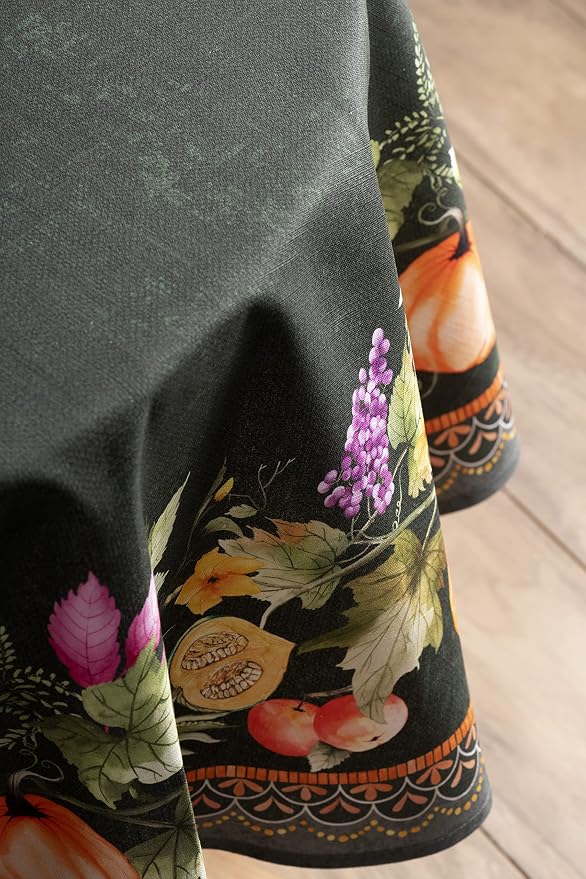 Maison d' Hermine Table Cloth Round Table 100% Cotton 69 Inches Fall Tablecloth Reusable Everyday Use for Thanksgiving Christmas Decorations Dining Farmhouse Party (Pumpkin Garden - Dark Green)