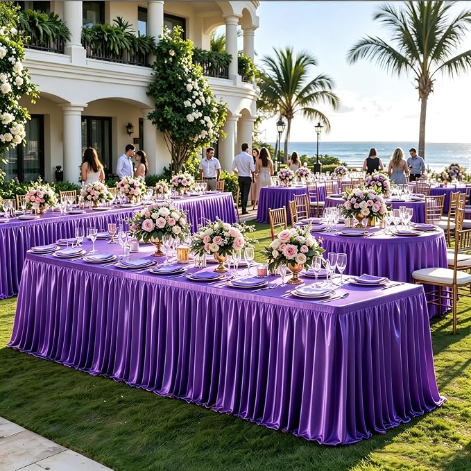 6 Packs Purple Satin Tablecloths Rectangle 8FT, Glitter Spandex Fitted Stretch Table Covers Wrinkle-Free Floor Length Shimmer Table Skirt for Weddings Parties Baby Shower Banquets Vendor Events