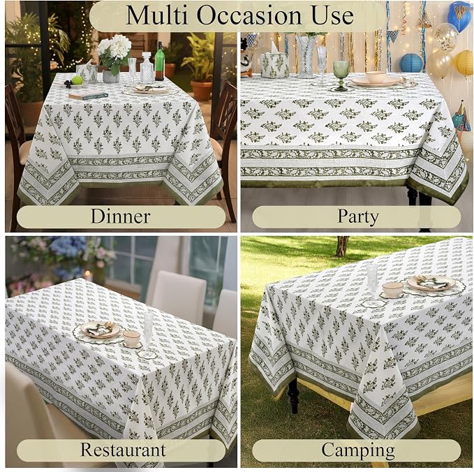 Ridhi Block Print Nature Spring Square Cotton Tablecloth 60" x 60" Reusable Table Cover Decorative Everyday Use for Dining, Farmhouse, Home Gift for Spring, Easter, Valentine
