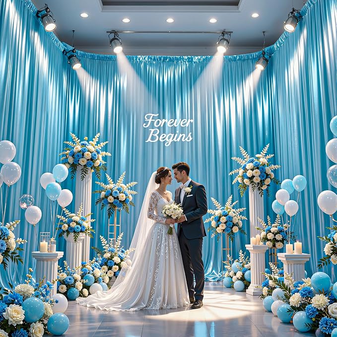 40x10ft Sky Blue Glitter Backdrop Curtain for Parties, Wrinkle Free Satin Photo Backdrop Drapes 8 Panels 5x10FT Shimmer Back Drop Cloth for Wedding Birthday Baby Shower Photography Background Decor